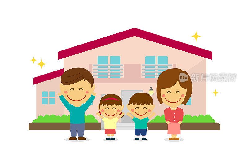 Happy family (asian) and new house. flat vector llustration (newly built house).